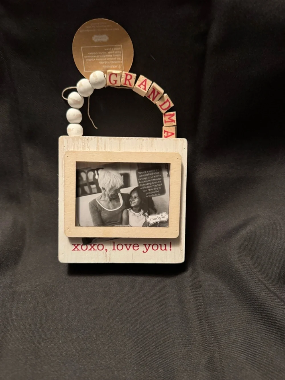 Mud Pie Grandma Recordable Photo Ornament Wooden Beaded Farmhouse Frame Gift